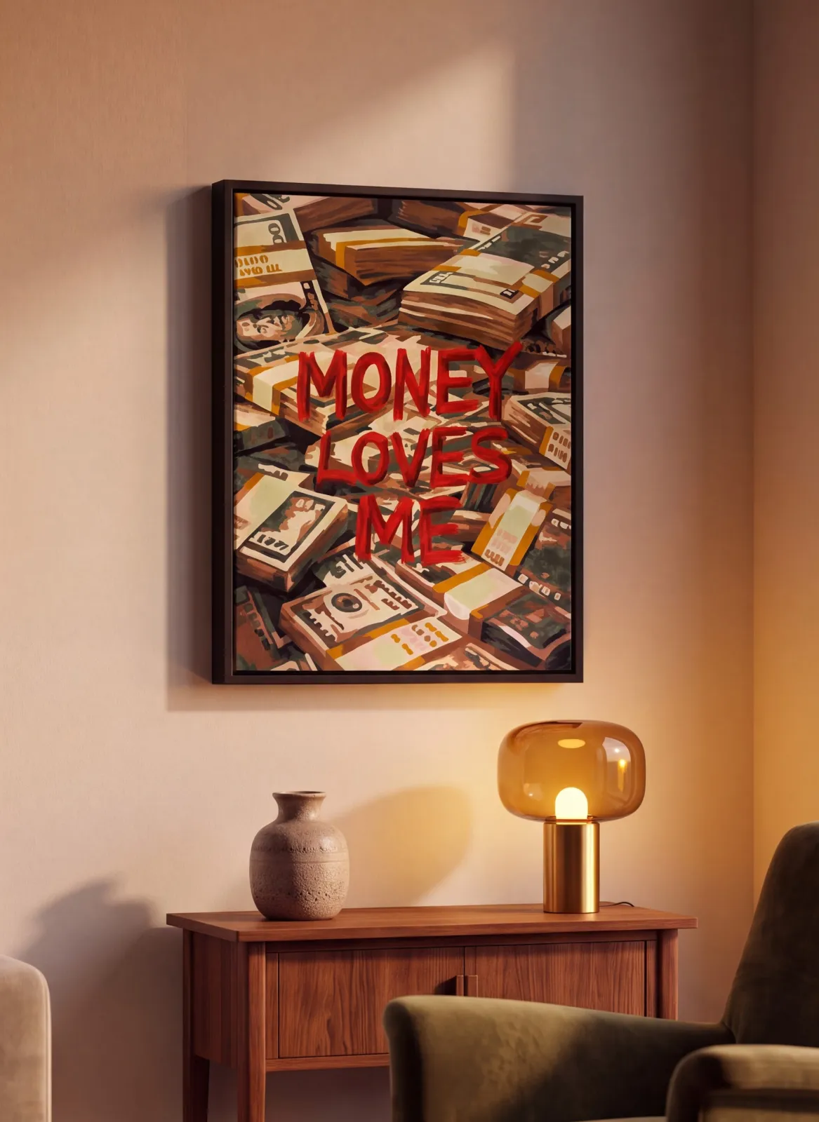 Картина ручной работы на холсте, поп-арт «Money Loves Me», цвет Яркий
