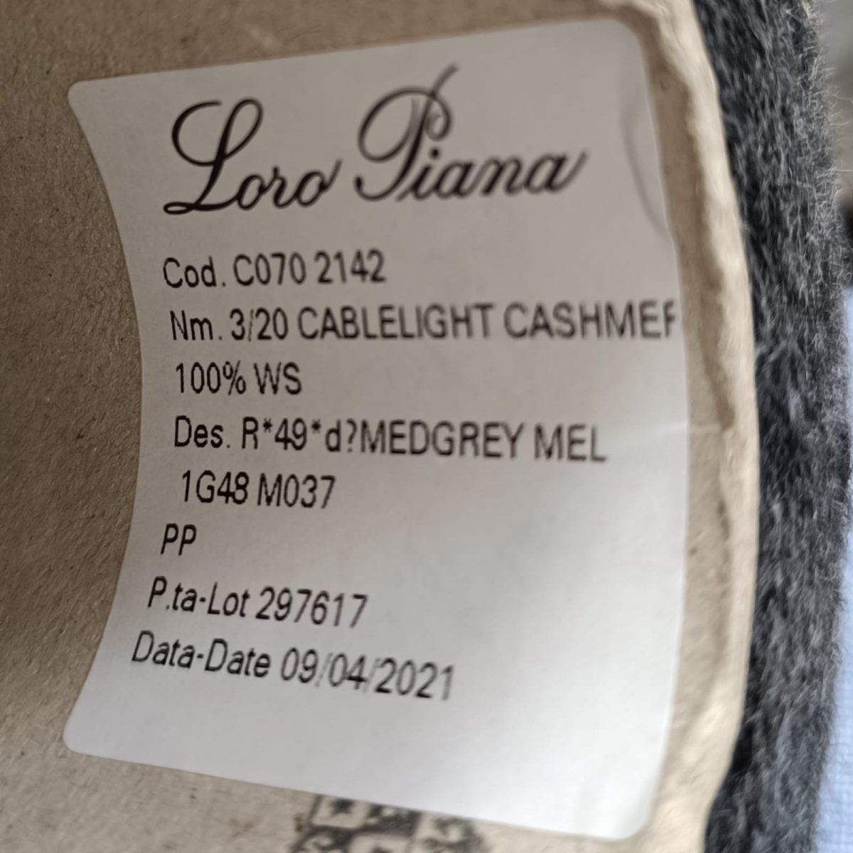 Пряжа Loro Piana Cablelight cashmere, кашемир бобинный, графит мел цвет графит мел