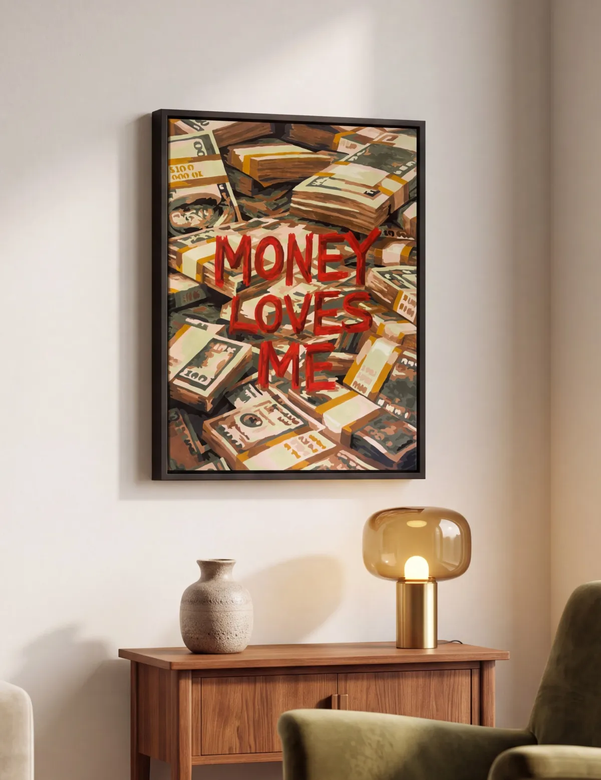 Картина ручной работы на холсте, поп-арт «Money Loves Me», цвет Яркий